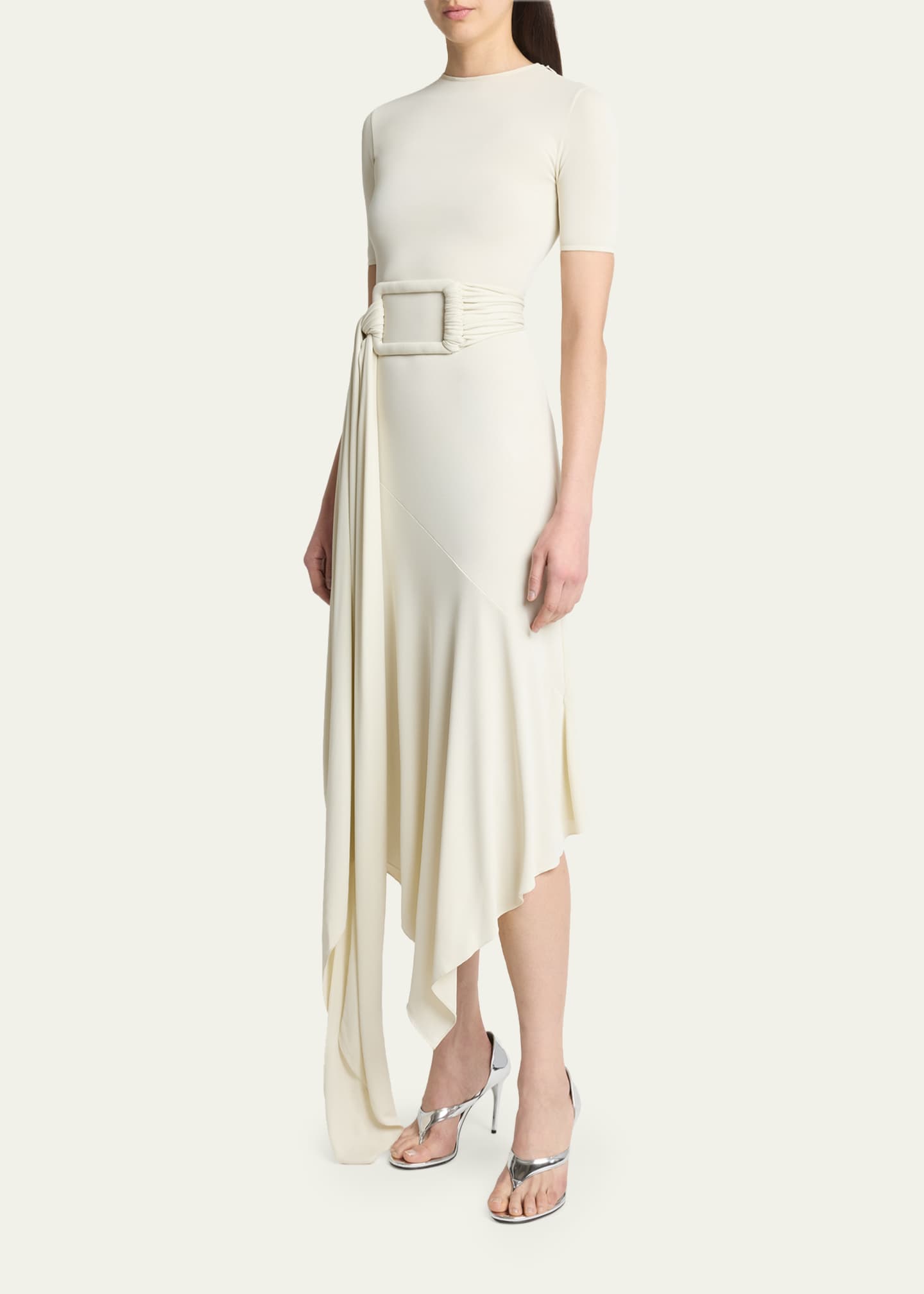 alaia asymmetrical dress ALAIA Asymmetric Fluid Jersey Belted Midi Dress