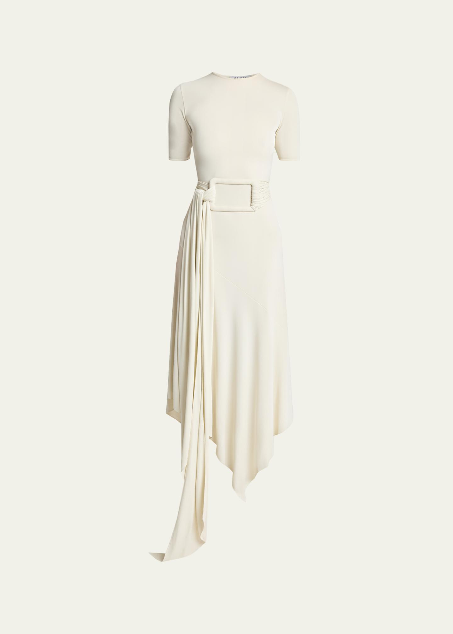 alaia asymmetric dress Fluid Jersey Belted Midi Color:Platinum This exquisite short asymmetric SleeveType: sleeveless A Line Ankle Length