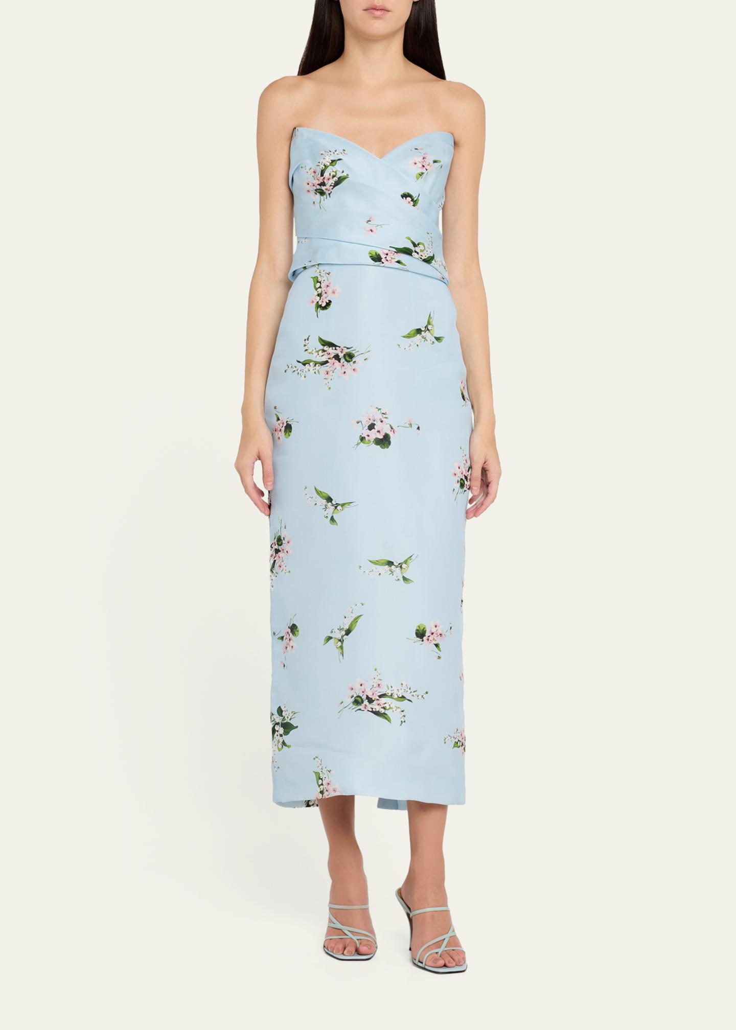 Monique Lhuillier Strapless Posie Print Silk Midi Cocktail Dress