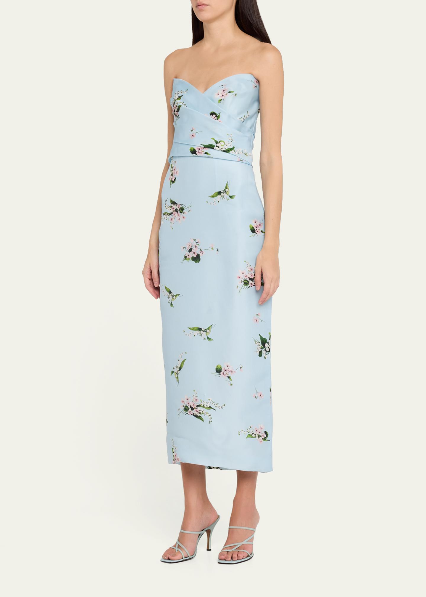 monique lhuillier velvet bodice appliqué tulle cocktail dress Strapless Posie Print Silk Midi Select your size:12 Classic Strapless Satin Wedding Day Flapper Revera back zipper Made in
