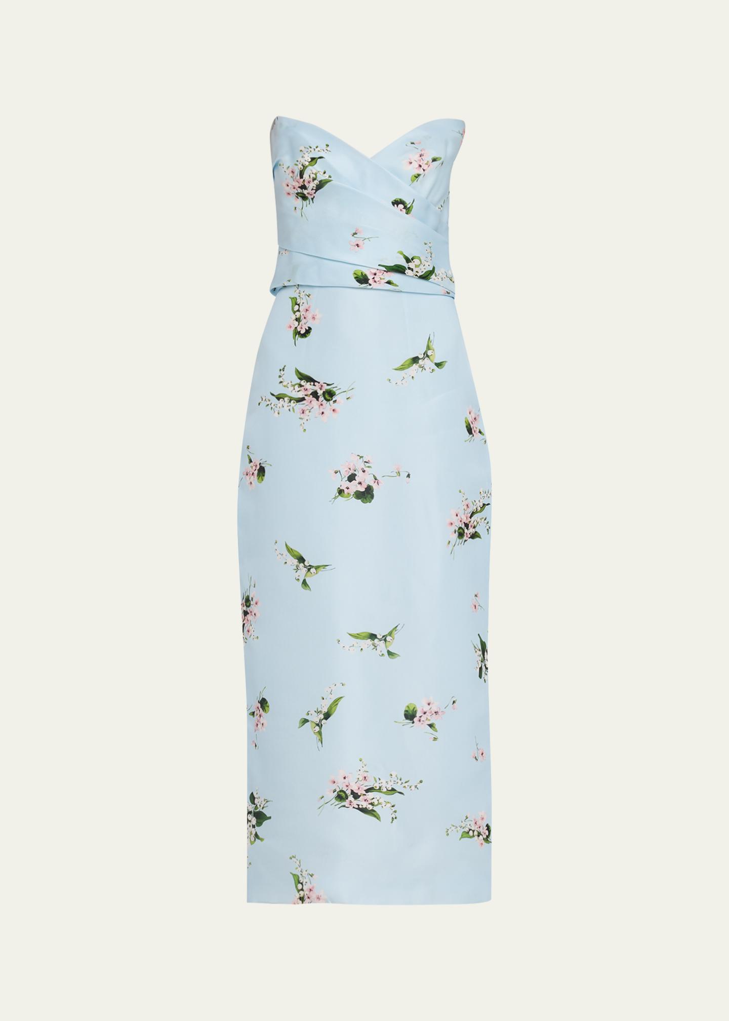 Monique Lhuillier Strapless Posie Print Silk Midi Cocktail Dress