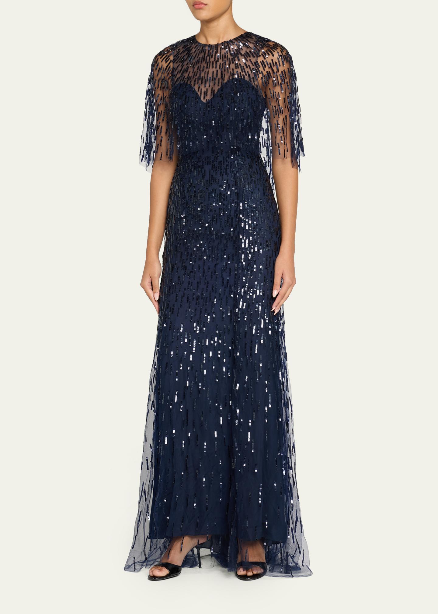 monique lhuillier evening dresses Sequined Tulle Capelet Trumpet Gown how to wear a scarf with a dress Merit Street Media | na_03/19/2026 Boning through the bodice Size:Small