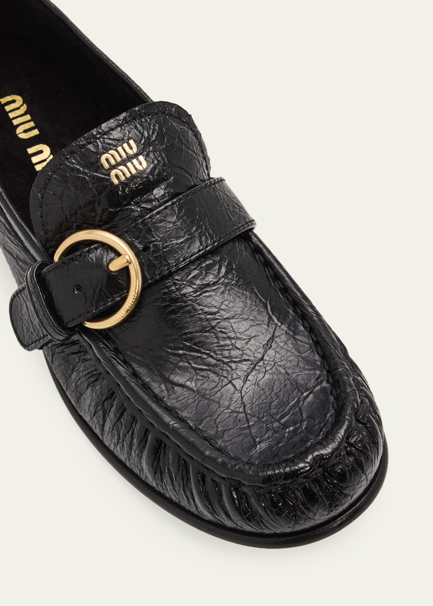Miu Miu Crinkled Leather Buckled Moccasin Loafers - Bergdorf Goodman