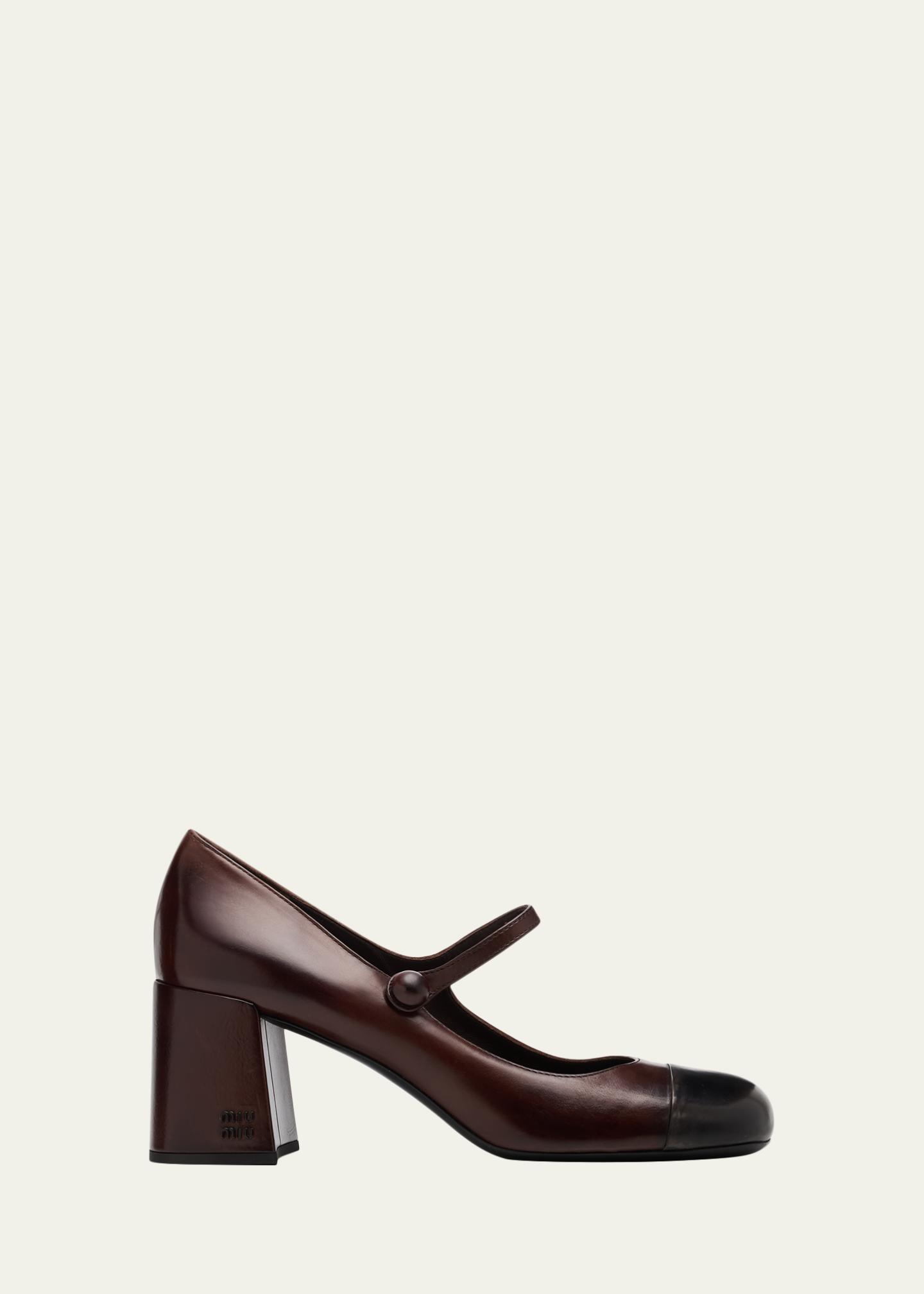 Miu Miu 65mm Leather Cap-Toe Mary Jane Pumps - Bergdorf Goodman