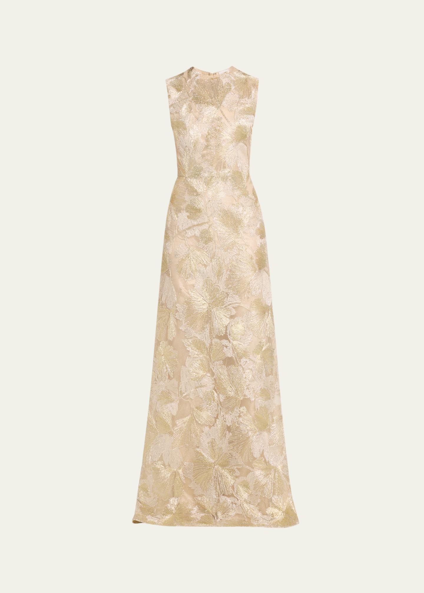 reem acra bridesmaid dresses Metallic Floral Embroidered Sleeveless Gown Racer Back Holiday Dress