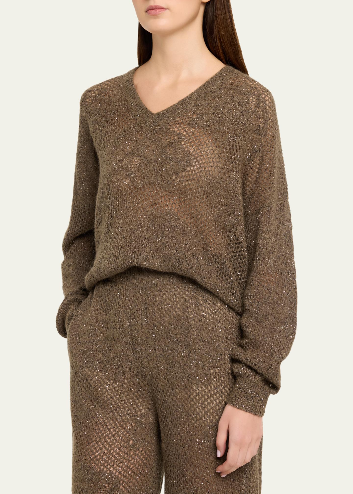 Brunello Cucinelli Diamante Paillette Mohair Open-Knit V-Neck