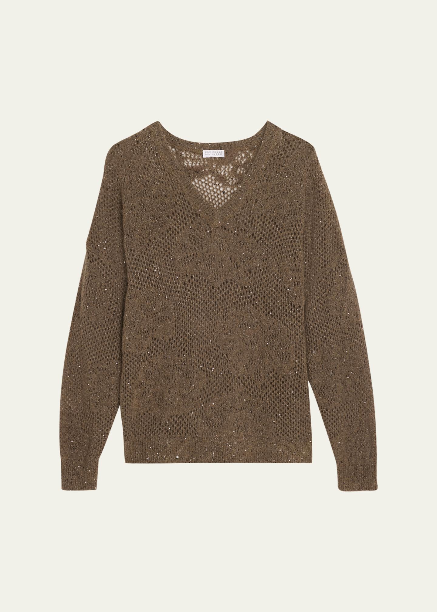 Brunello Cucinelli Diamante Paillette Mohair Open-Knit V-Neck