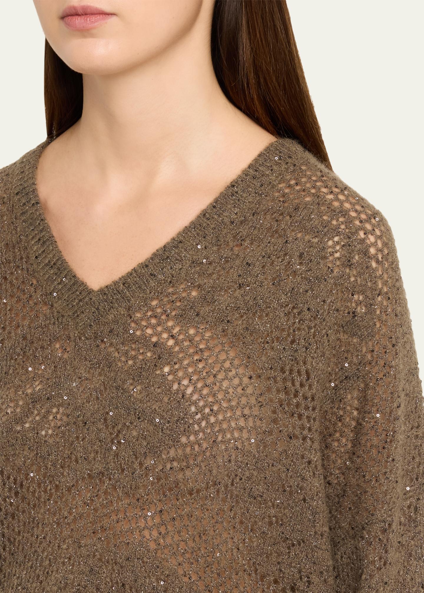 Brunello Cucinelli Diamante Paillette Mohair Open-Knit V-Neck