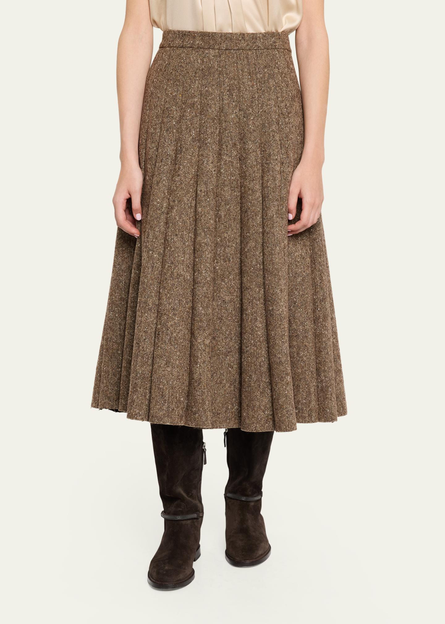 Brunello Cucinelli Donegal Wool Tweed Pleated Midi Skirt