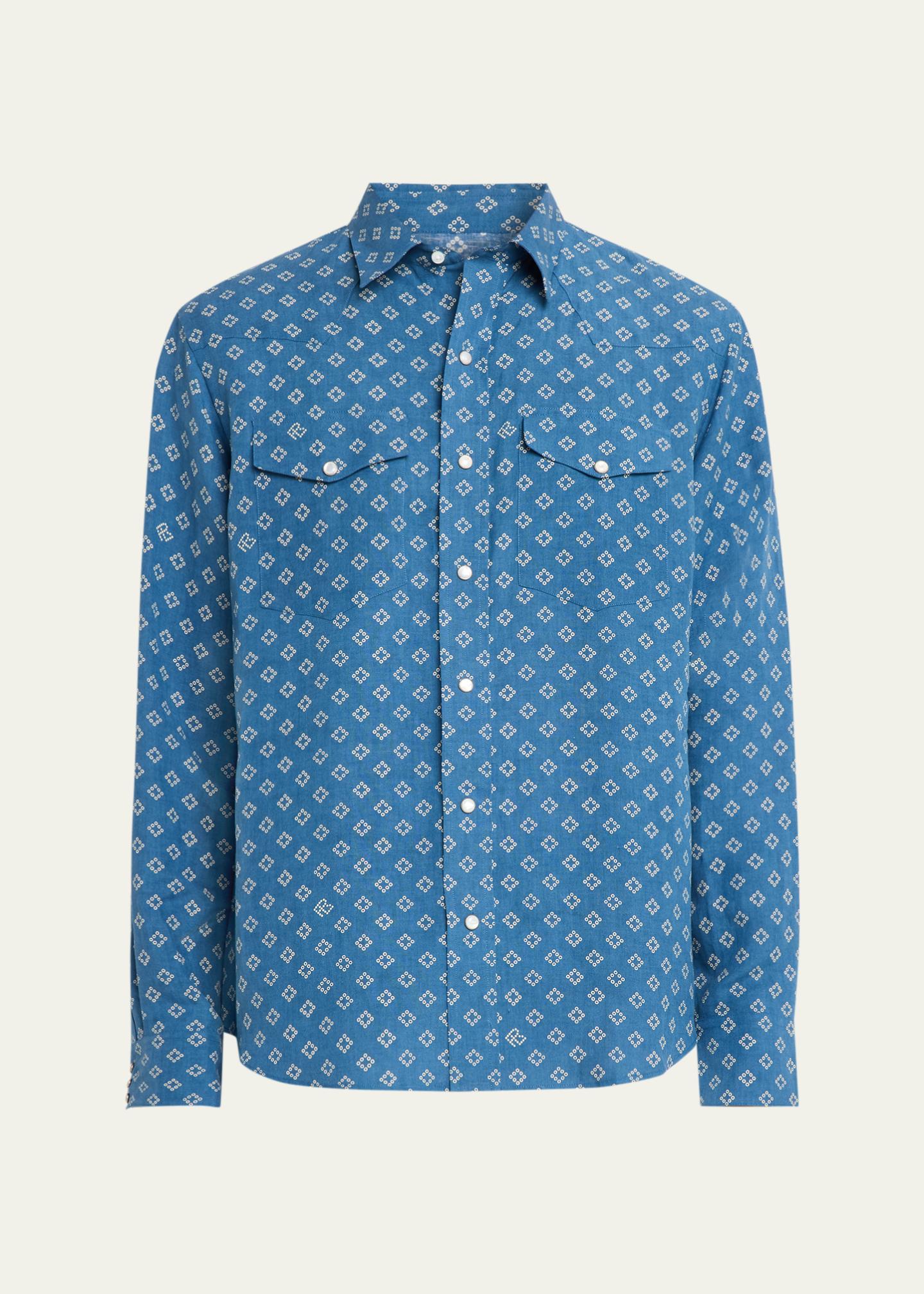 Ralph Lauren Purple Label Men, Printed linen and silk shirt, Blue, US 16, Shirts