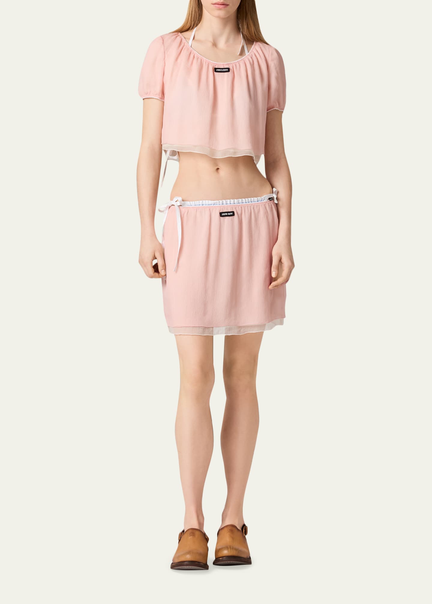 MIU MIU シルクラメフレアイージースカート ピンク サイズ38*FD355 Miu Miu Layered Crinkle Silk Chiffon Mini Skirt - Bergdorf Goodman