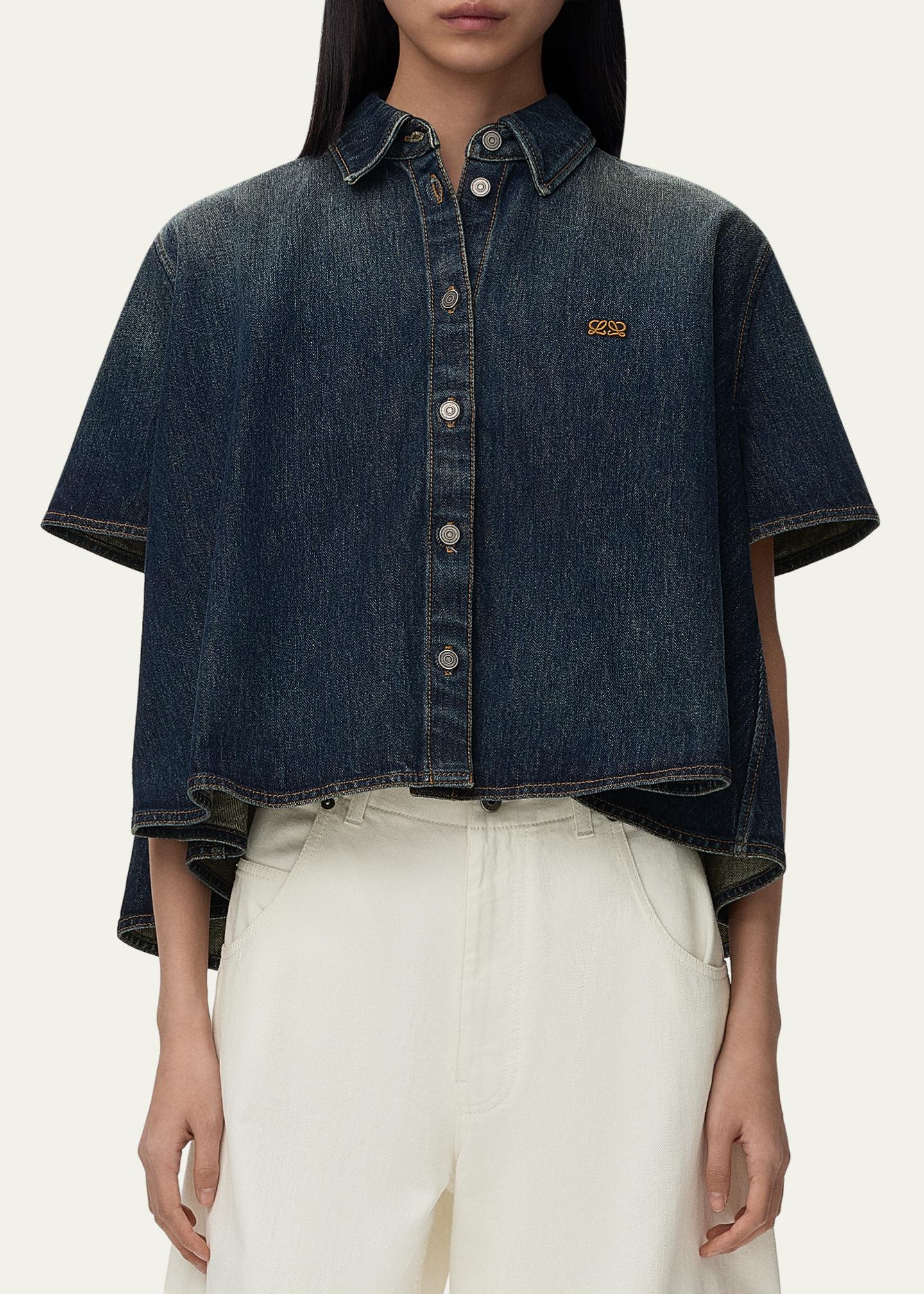 LOEWE Short-Sleeve Denim Trapeze Button-Down Shirt - Bergdorf Goodman