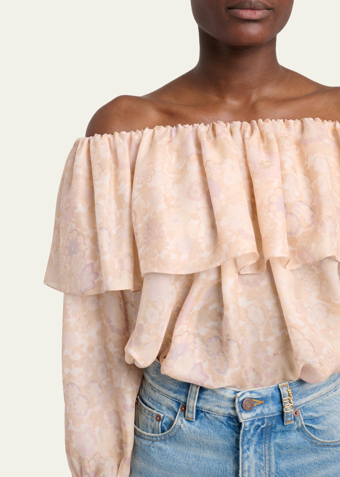 Chloe Flower Print Off-The-Shoulder Silk Top - Bergdorf Goodman