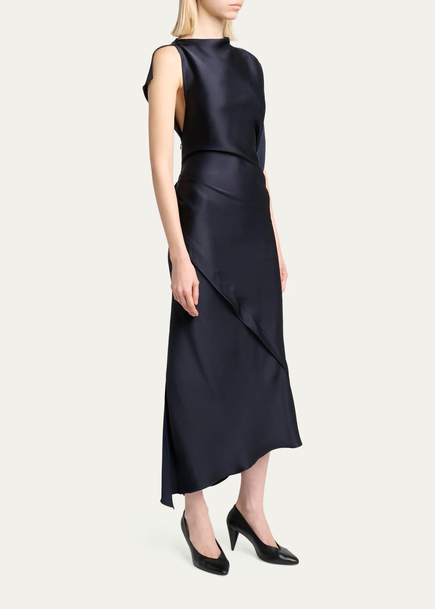 Victoria Beckham Kyra Satin Asymmetric Midi Dress, Midnight, Women's, 4 UK (0 US)