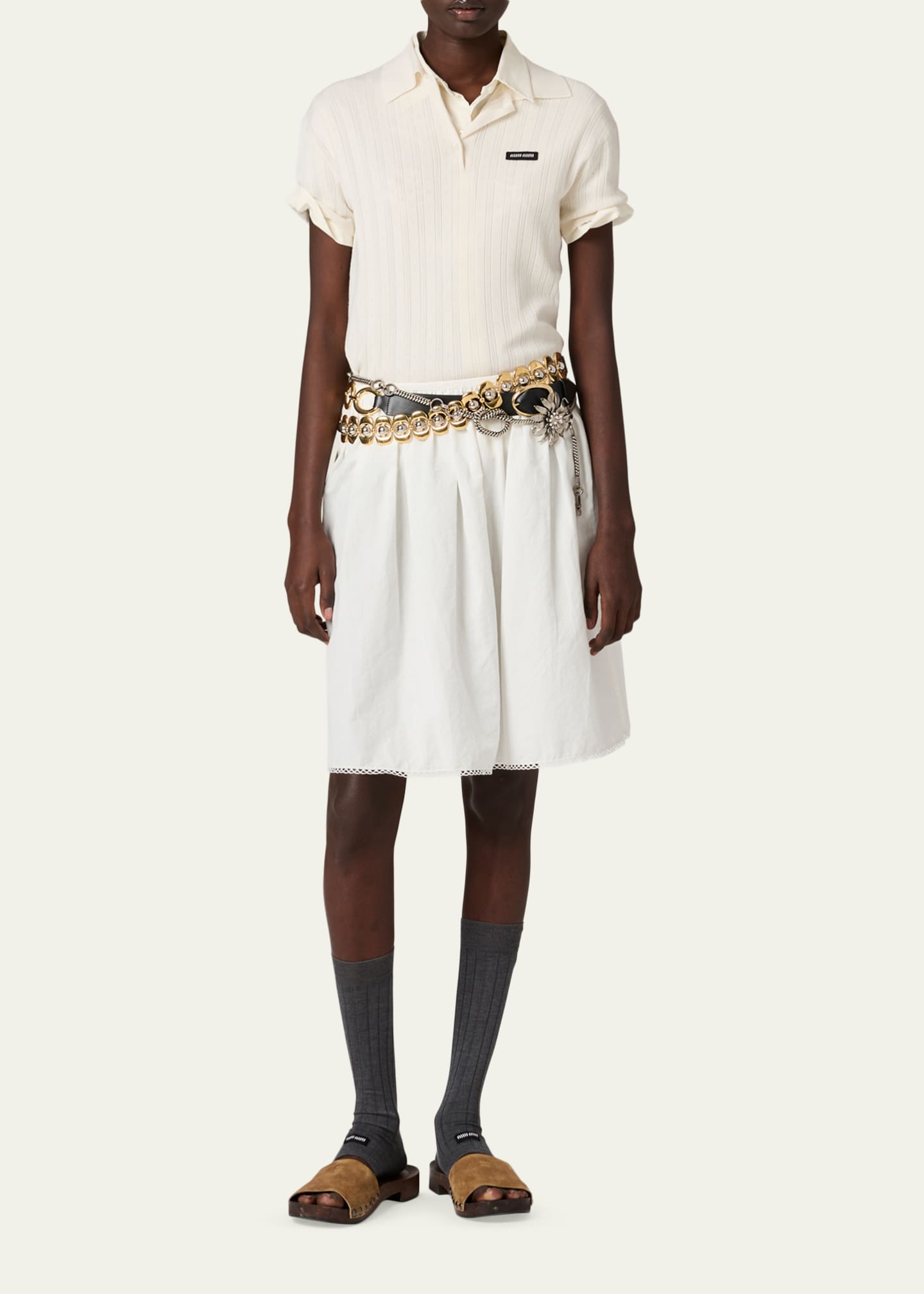 Miu Miu Cashmere-Silk Pointelle Knit Short-Sleeve Polo Top