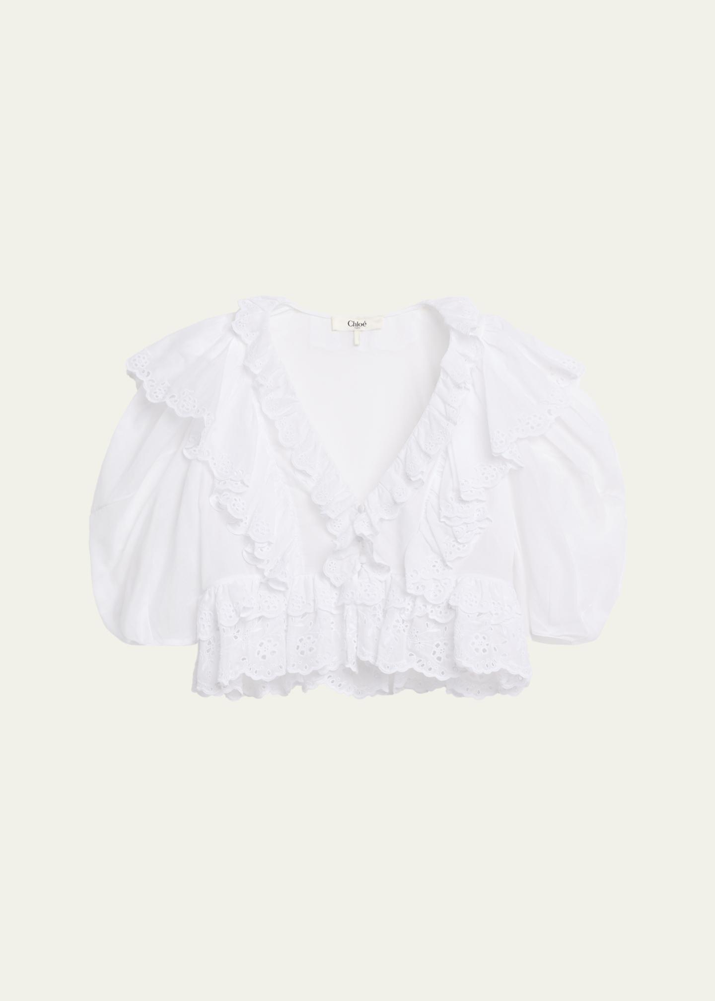 Chloe Ruffled Eyelet Cotton Puff-Sleeve Crop Top - Bergdorf Goodman