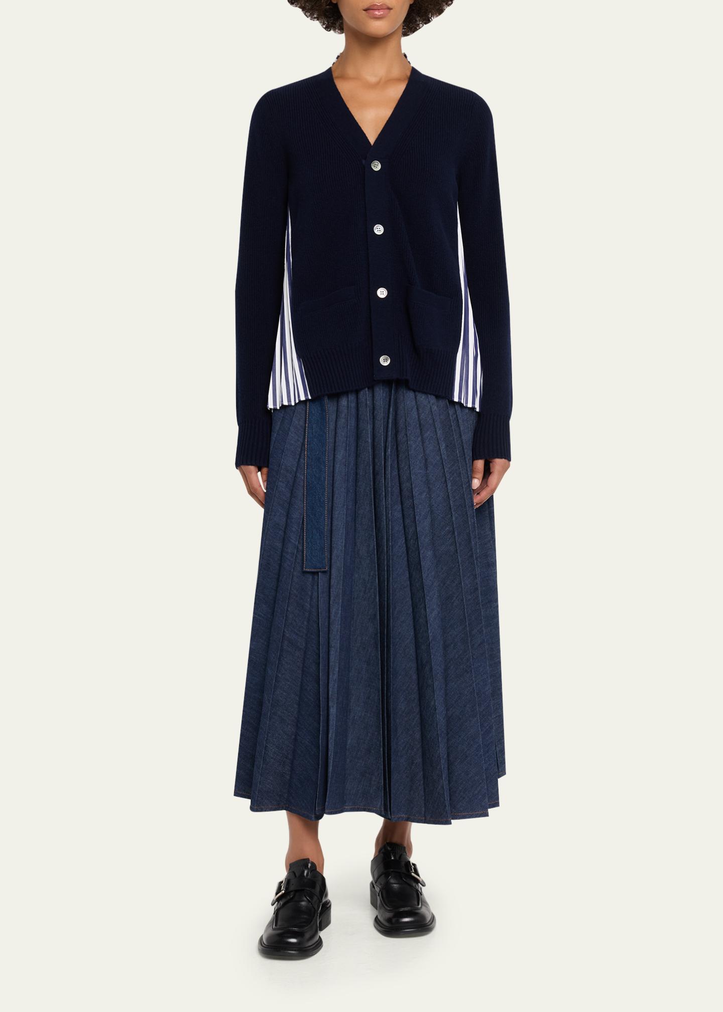 sacai Wool Knit And Cotton Poplin V-Neck Cardigan - Bergdorf Goodman