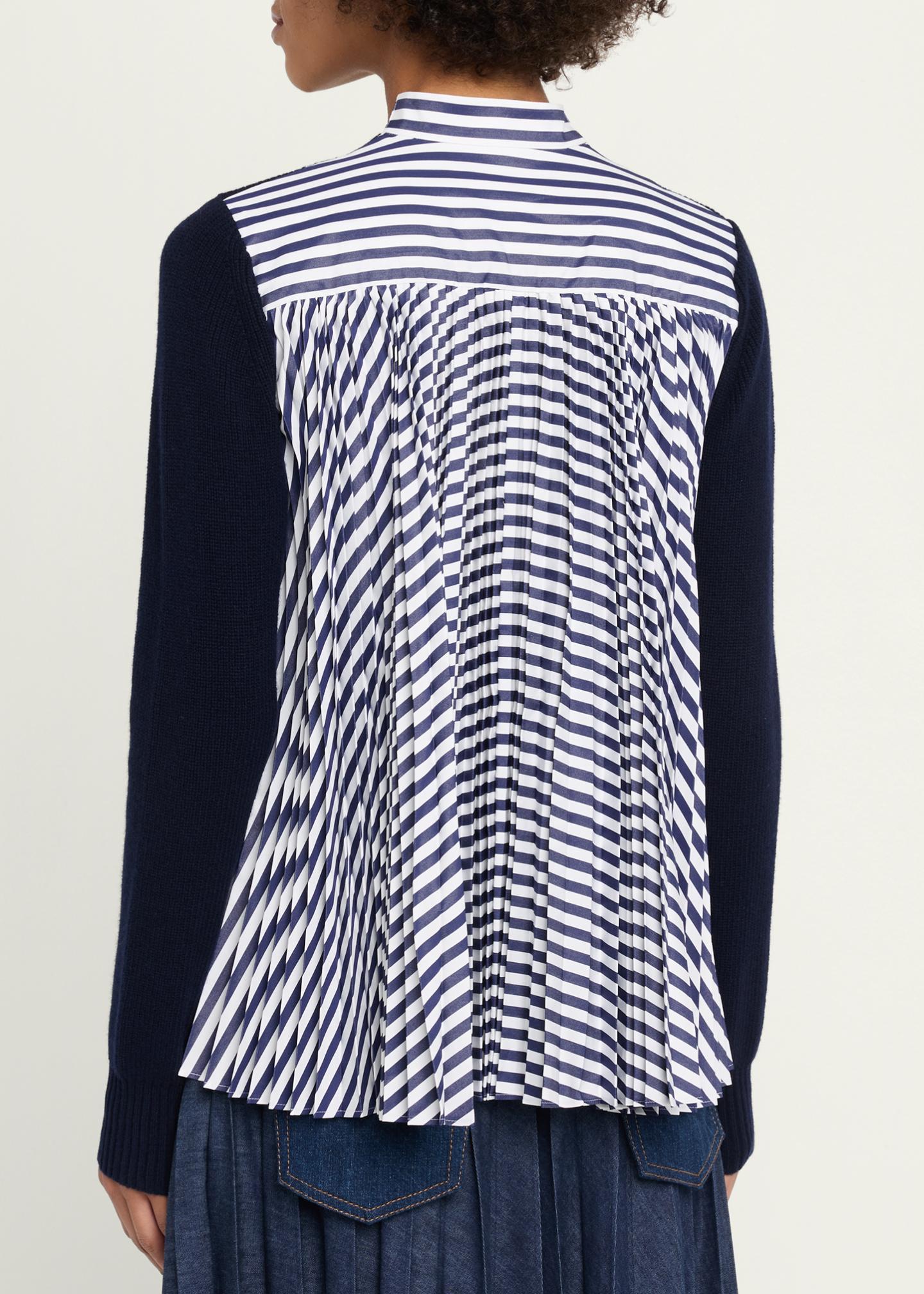 sacai Wool Knit And Cotton Poplin V-Neck Cardigan - Bergdorf Goodman