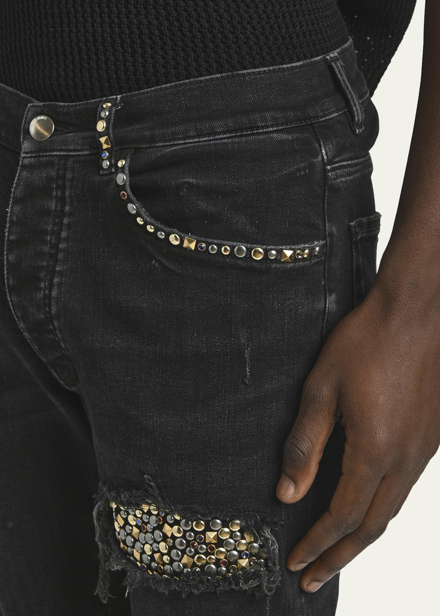 Amiri Men's Studded Rip and Repair Black Denim Skinny Jeans