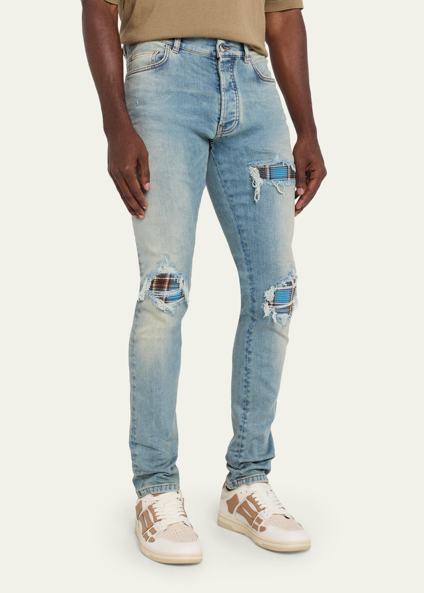 Amiri Men's Plaid Repair Denim Skinny Jeans - Bergdorf Goodman