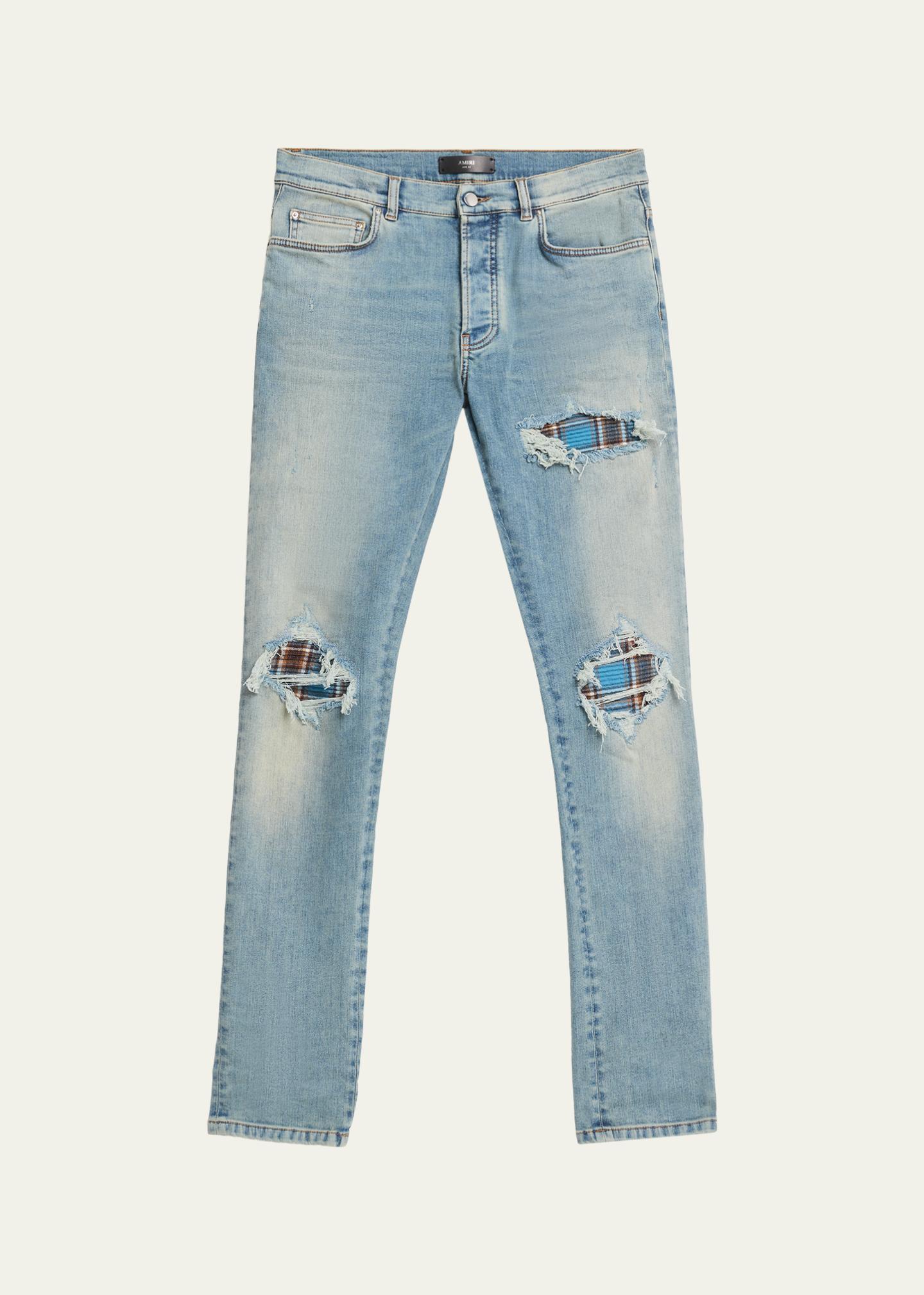 Amiri Men's Plaid Repair Denim Skinny Jeans - Bergdorf Goodman