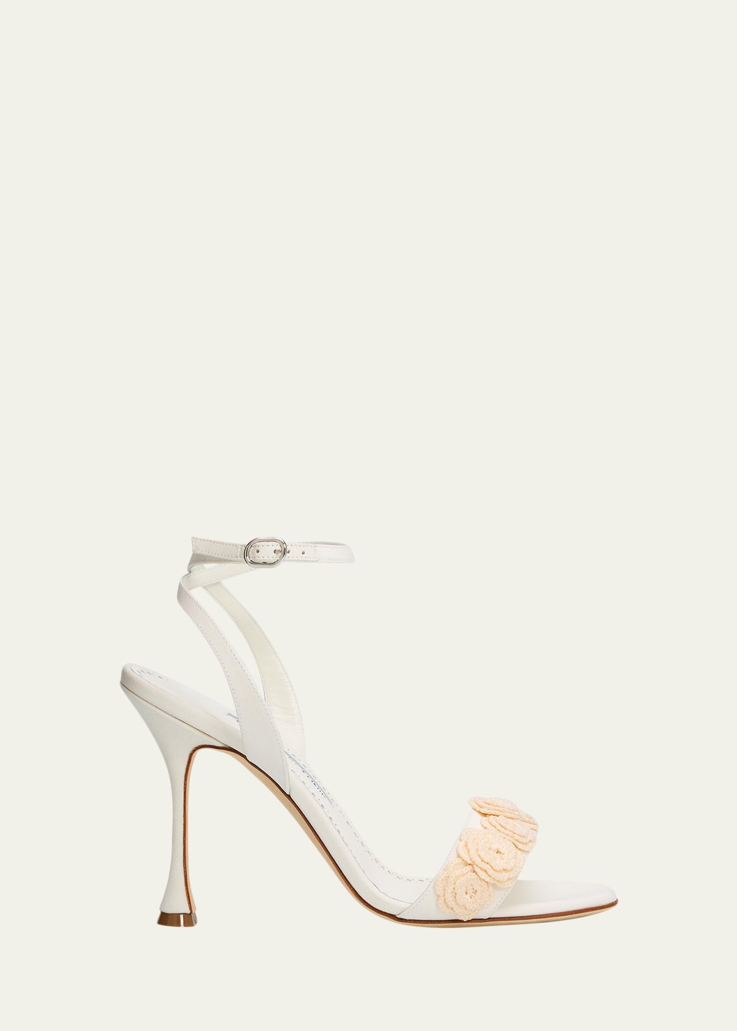 Manolo Blahnik 105mm Raosnu Crochet Flower Ankle-Strap Sandals