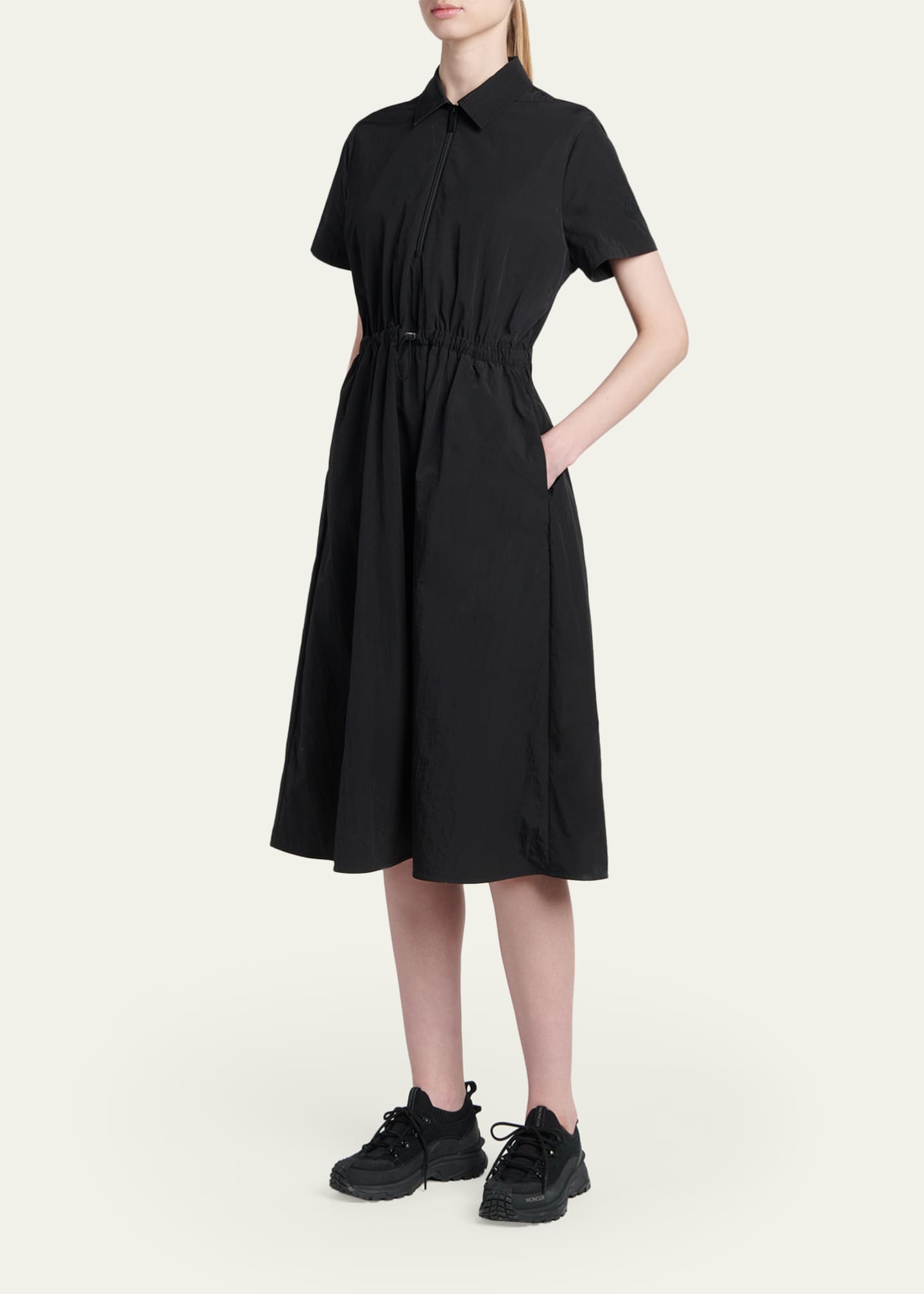nylon midi dress Ruched Slit Shiny Nylon Midi Dress