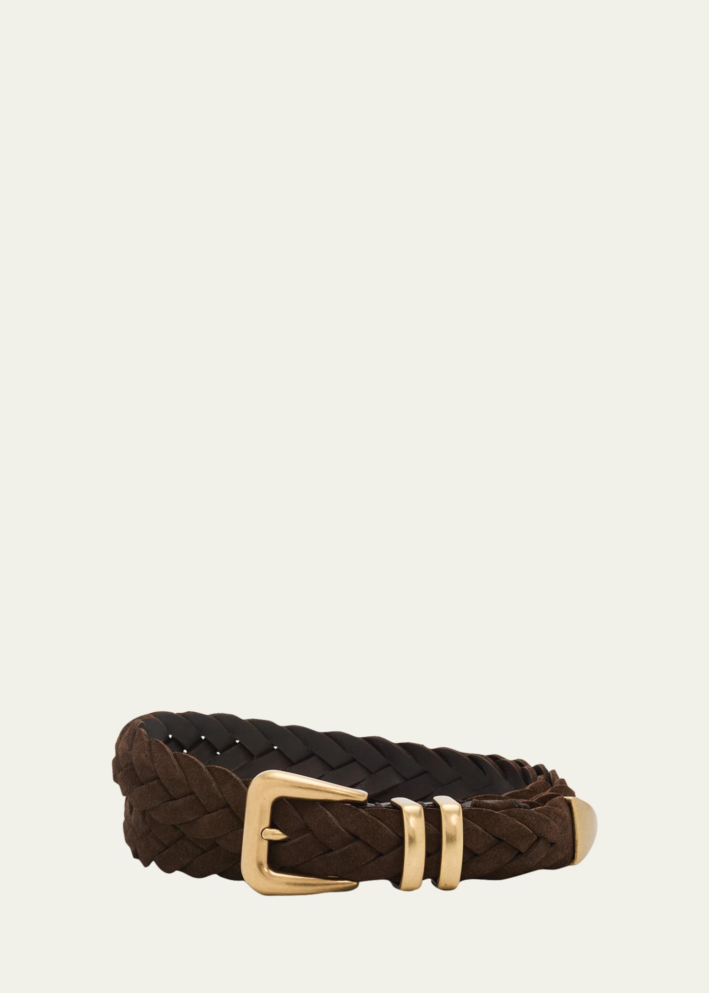Brunello Cucinelli Men's Braided Suede Gold-Tone Trim Belt