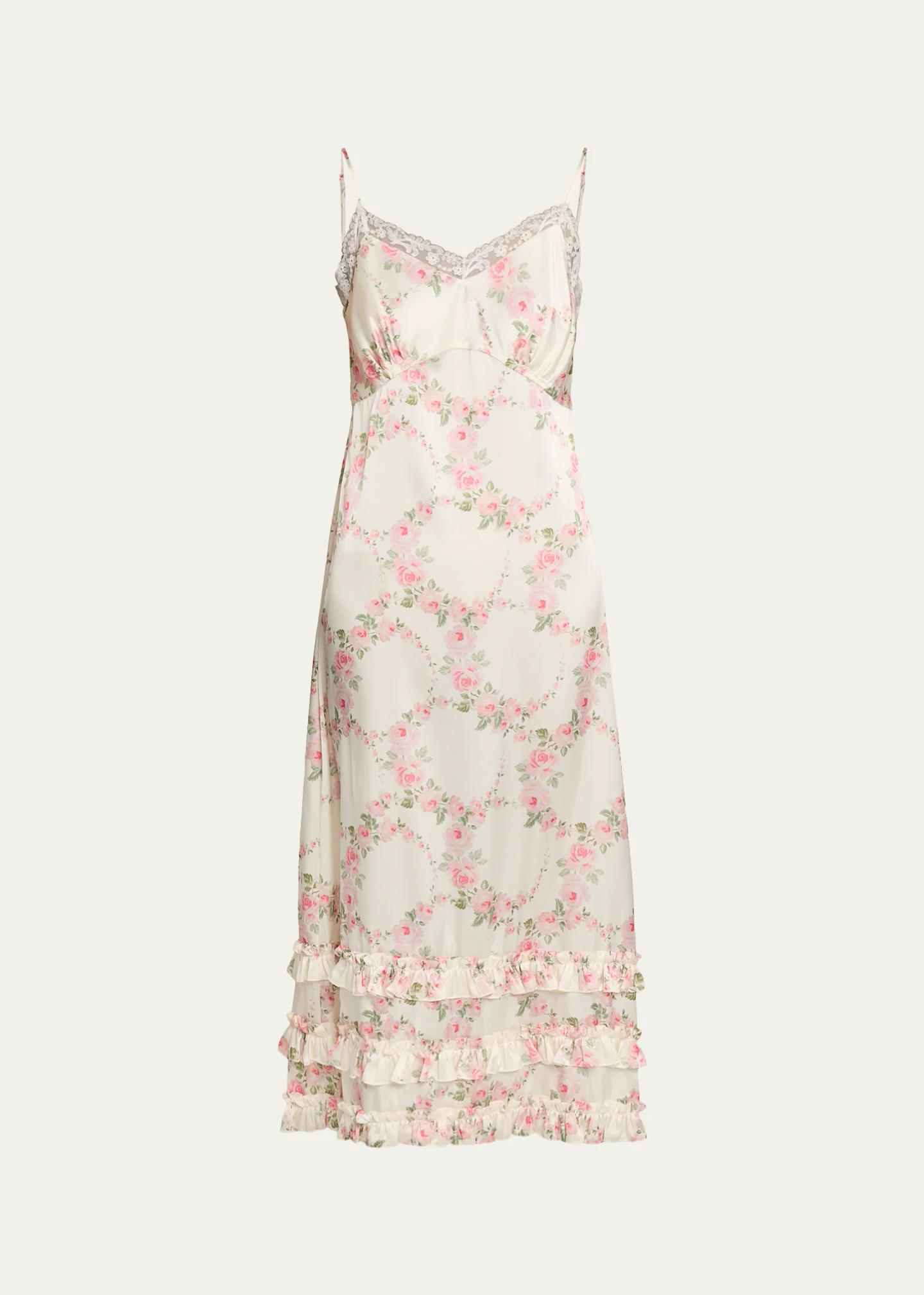 Simone Rocha Floral Satin Tiered Ruffle Midi Slip Dress