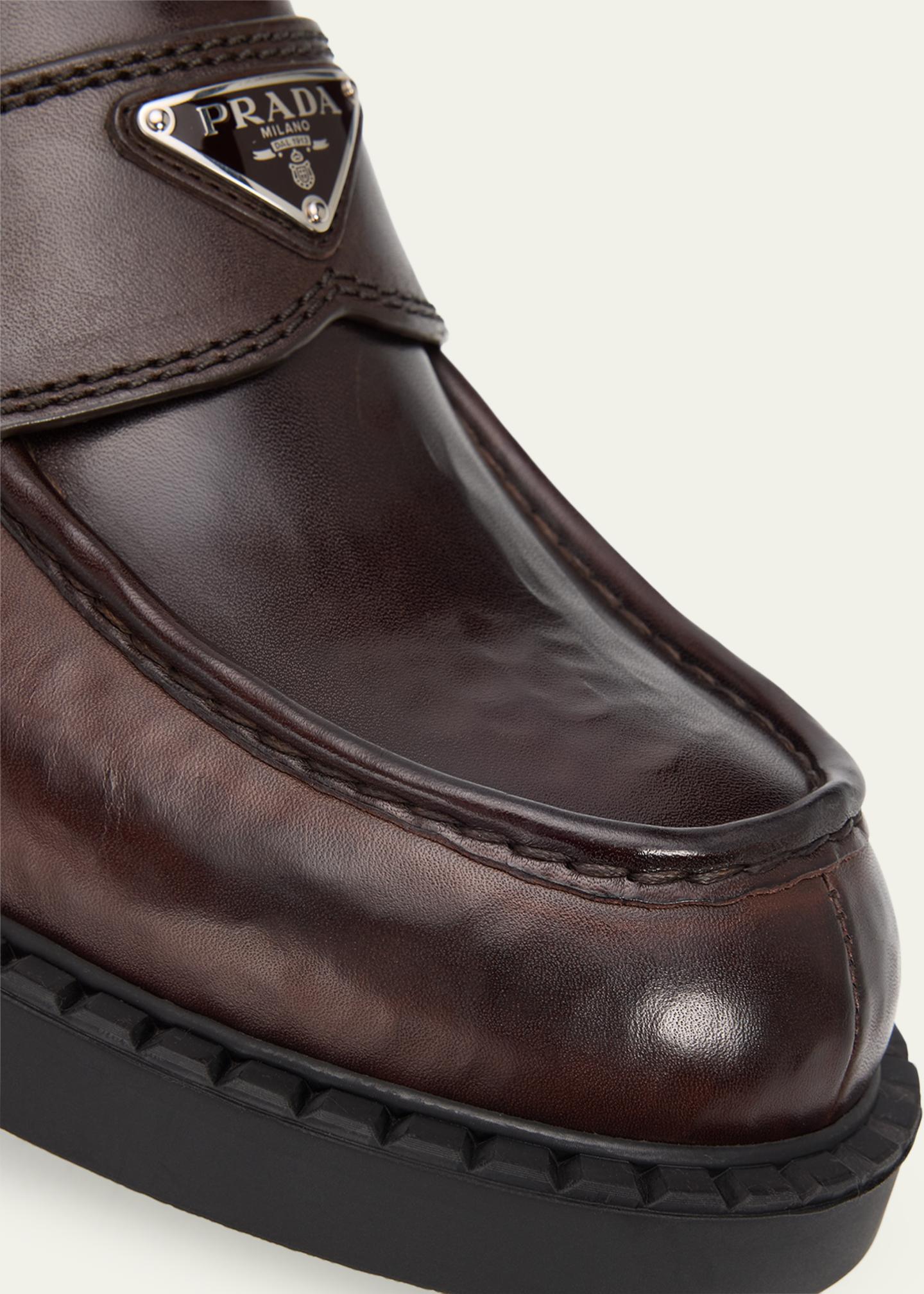 Prada Men's Leather Enamel Logo Moc-Toe Penny Loafers - Bergdorf Goodman