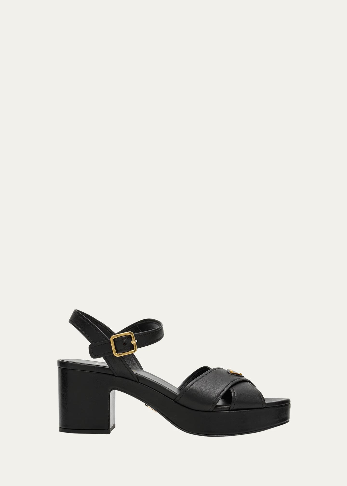 Prada 65mm Triangle Logo Crisscross Leather Platform Sandals - Bergdorf ...