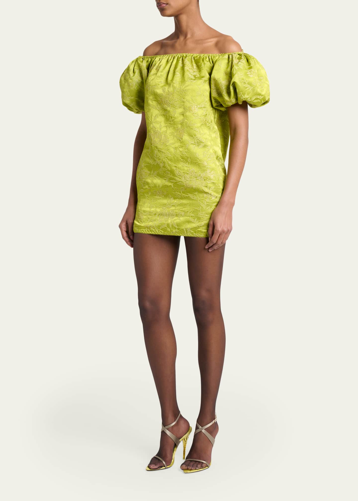 ysl mini dress Saint Laurent Duchesse Satin Brocade Puff-Sleeve Mini Dress