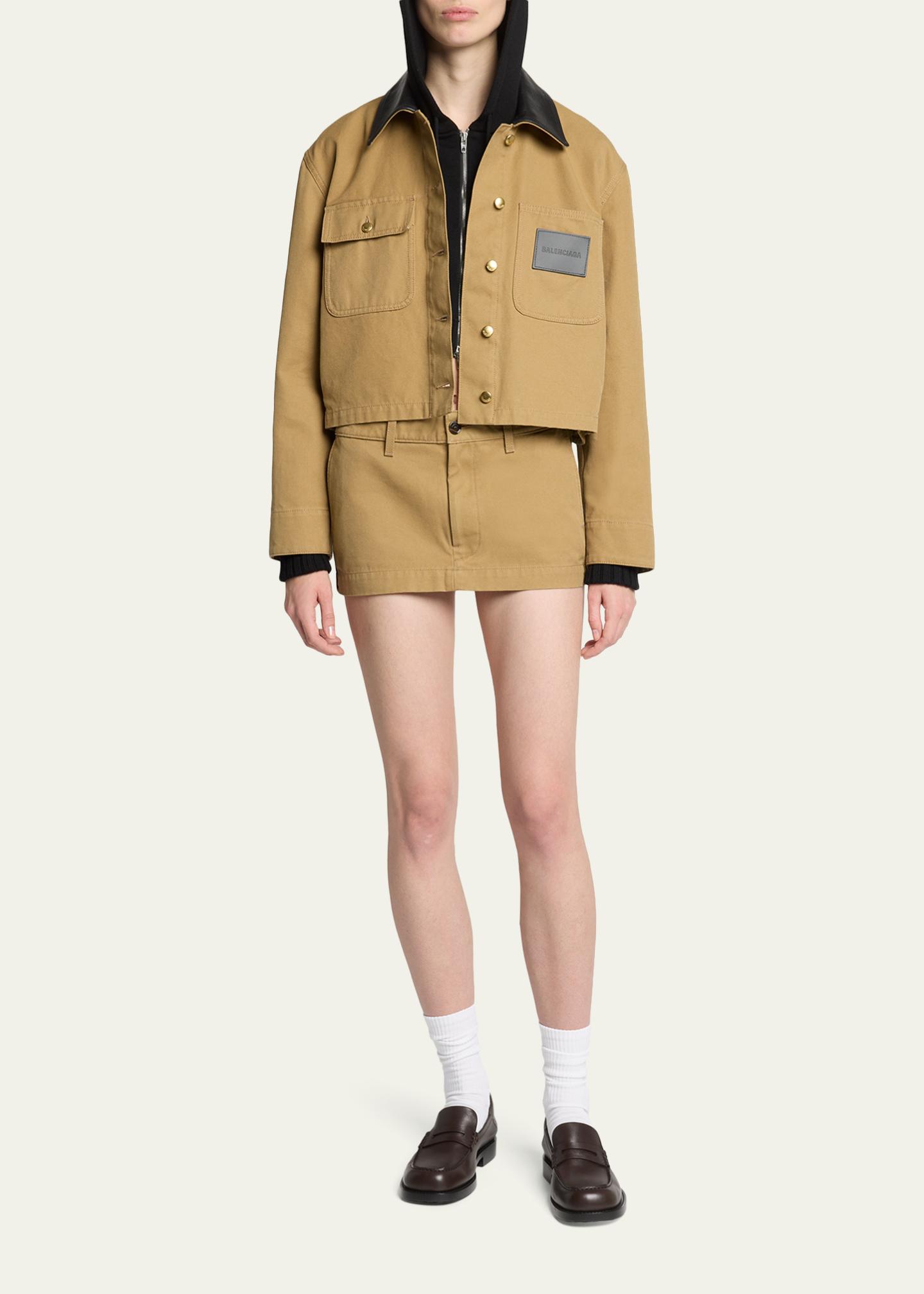 Balenciaga Leather-Collar Cropped Canvas Workwear Jacket