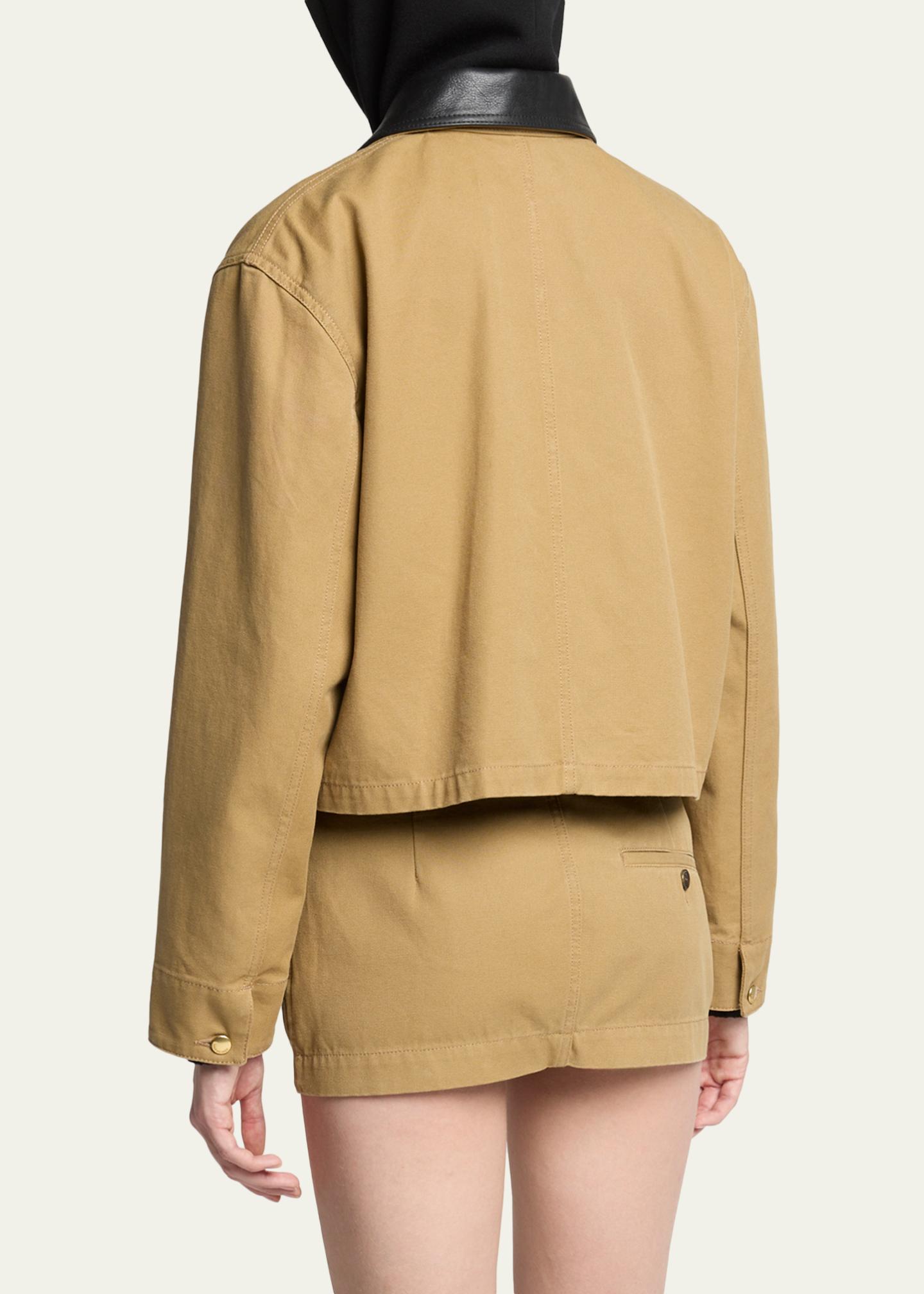 Balenciaga Leather-Collar Cropped Canvas Workwear Jacket