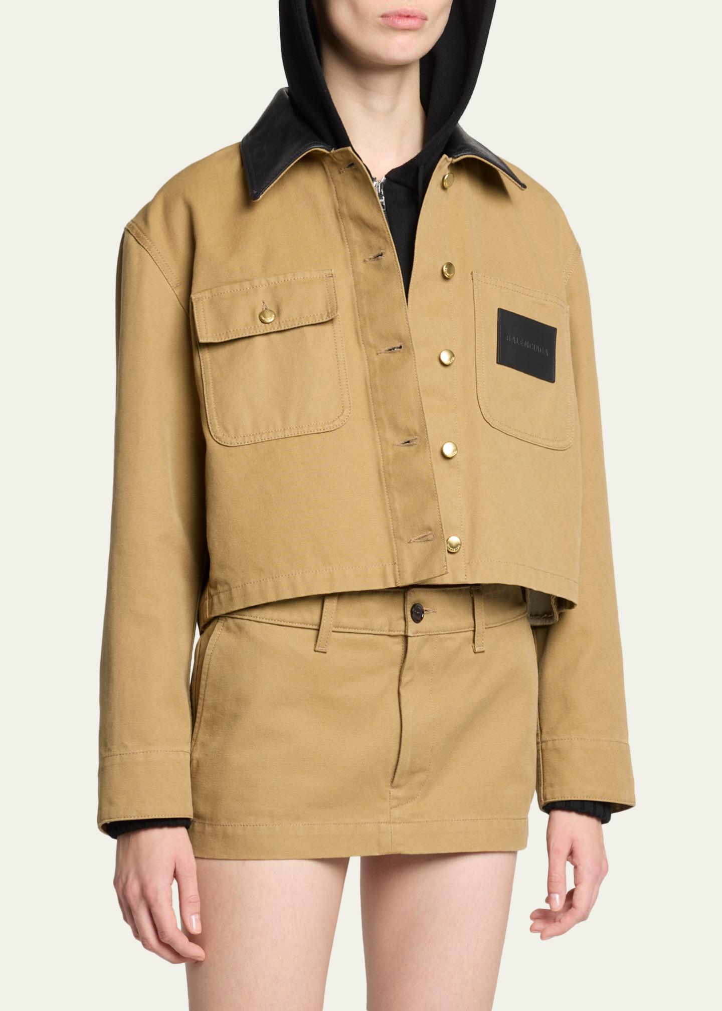 Balenciaga Leather-Collar Cropped Canvas Workwear Jacket