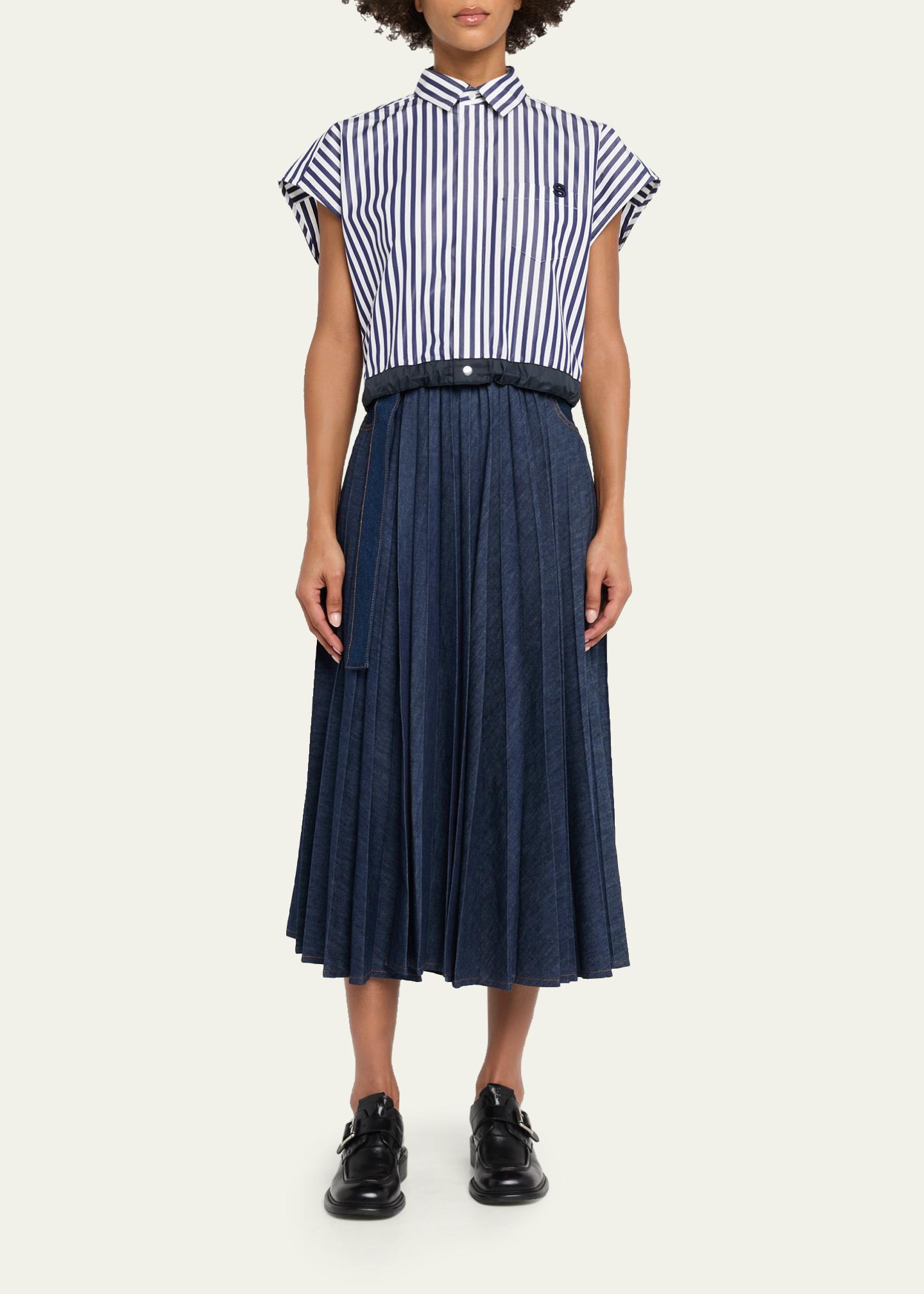 sacai Belted Pleated Denim Midi Skirt - Bergdorf Goodman