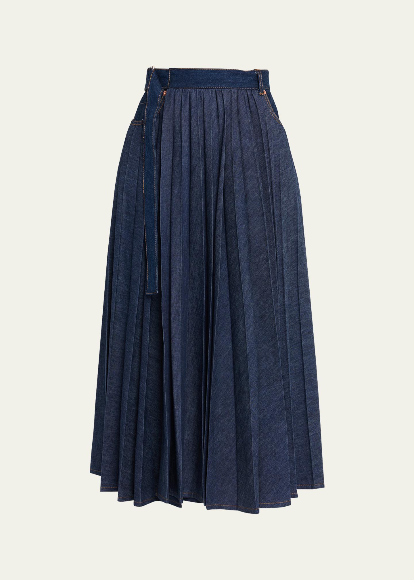 sacai Belted Pleated Denim Midi Skirt - Bergdorf Goodman