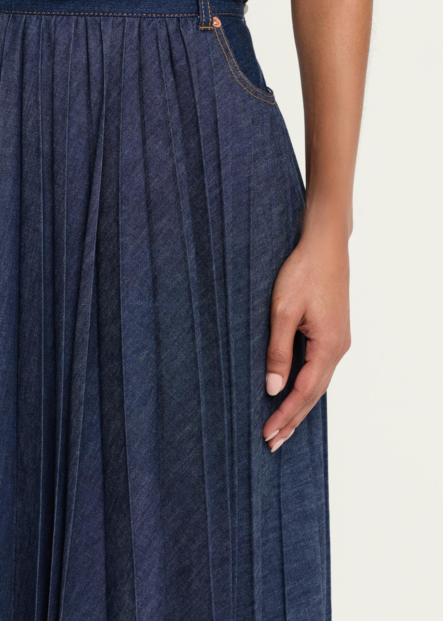sacai Belted Pleated Denim Midi Skirt - Bergdorf Goodman