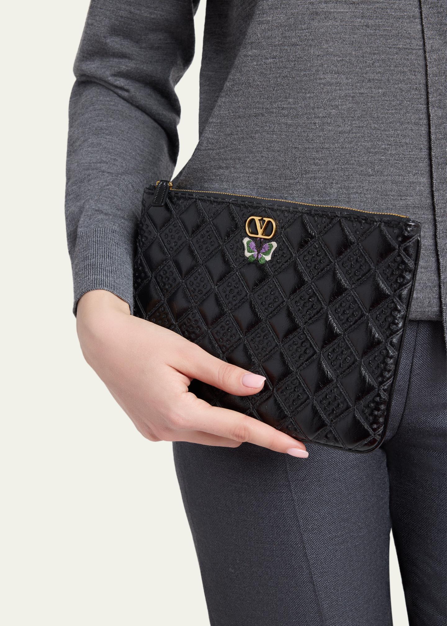 Valentino Garavani Butterfly-Embroidered Quilted Leather Clutch Bag ...