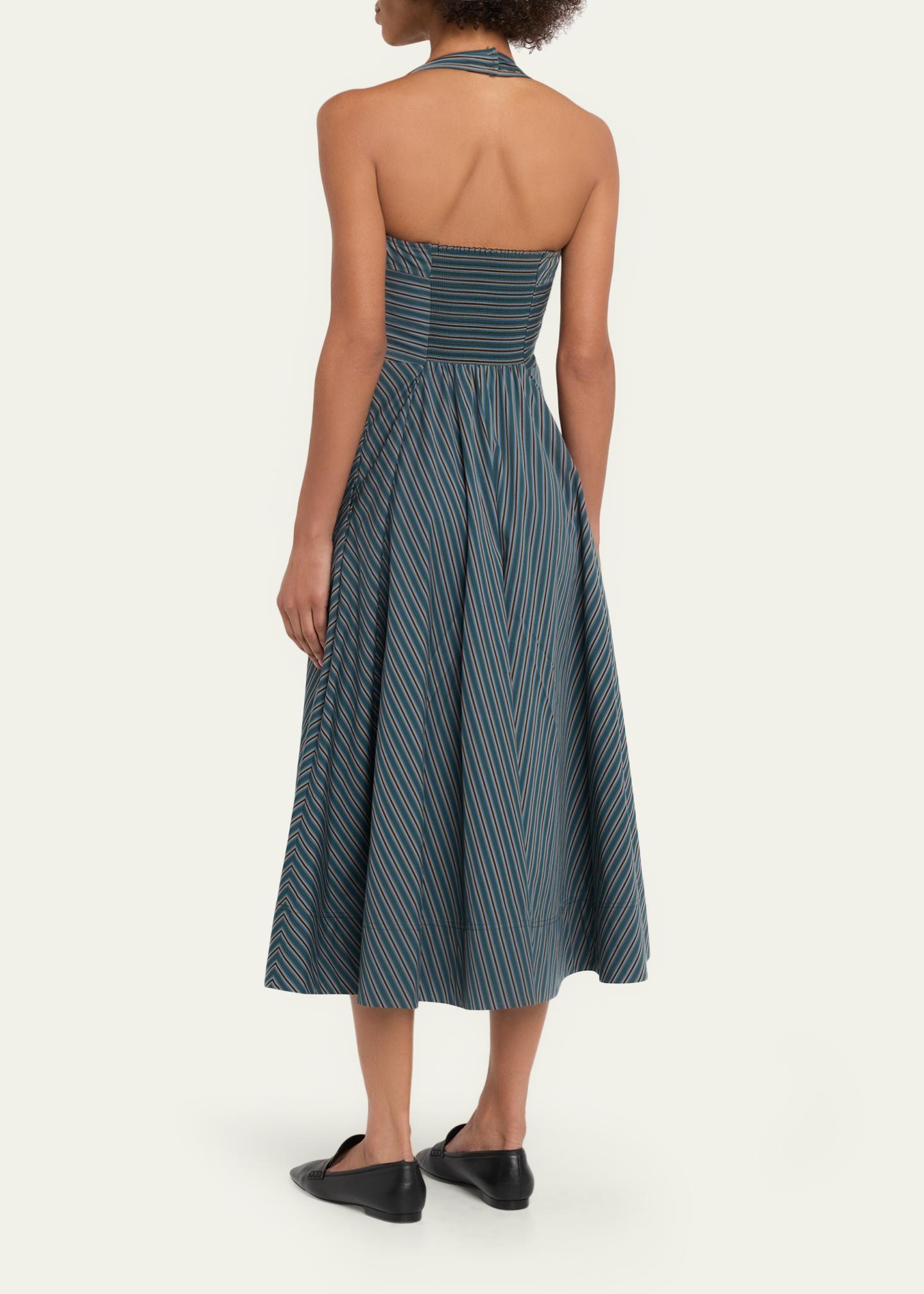 alc halter dress A.L.C. Magnolia Striped Cotton A-Line Midi - Carbon Blue Multi Web Collection: Bold looks