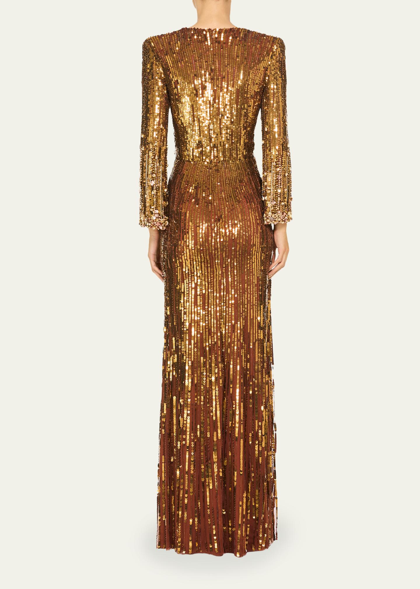 Jenny Packham Cosmos Long-Sleeve V-Neck Sequin Gown - Bergdorf Goodman