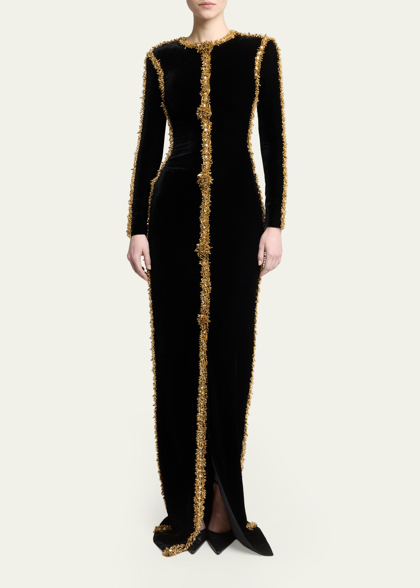 balmain green velvet dress Long-Sleeve Beaded Maxi Kora Dabka Dress