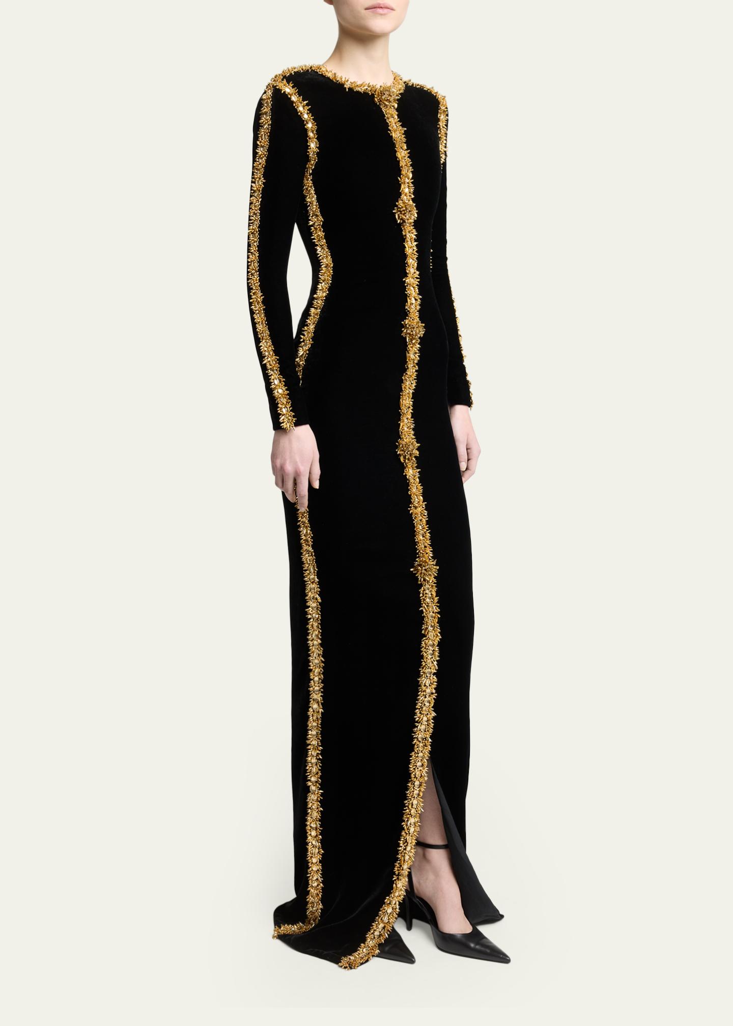 balmain beaded dress Long-Sleeve Velvet Maxi Color:Creamy White