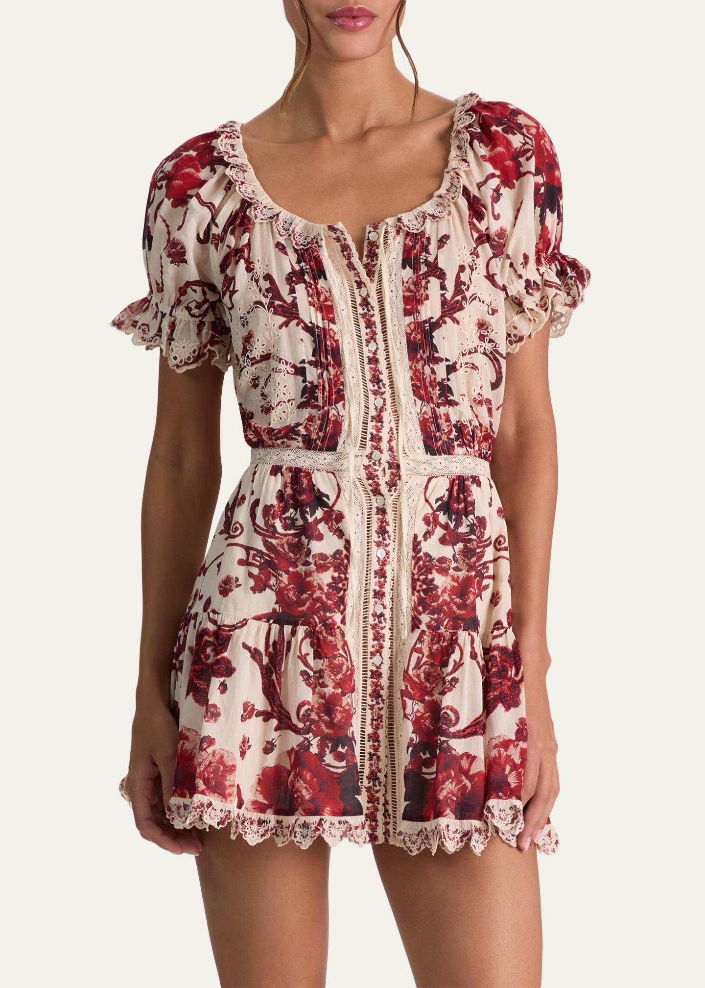 ALICE + OLIVIA McLaine Embroidered Puff-Sleeve Mini Dress