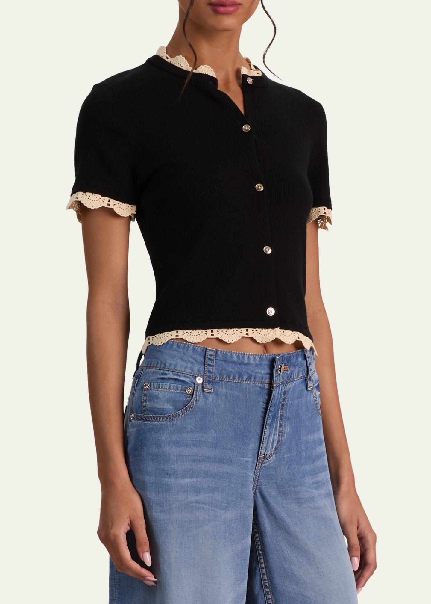 ALICE + OLIVIA Ciara Crochet-Trim Ribbed Cardigan - Bergdorf Goodman