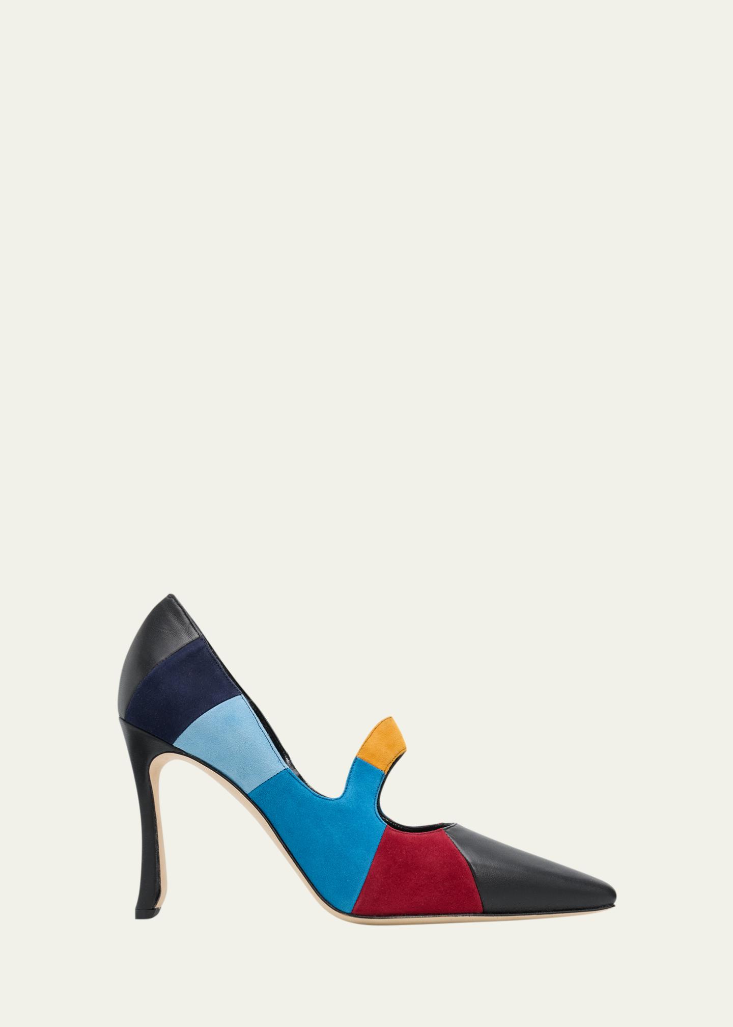 Manolo Blahnik 105mm Difusa Colorblock Mixed Leather Pumps