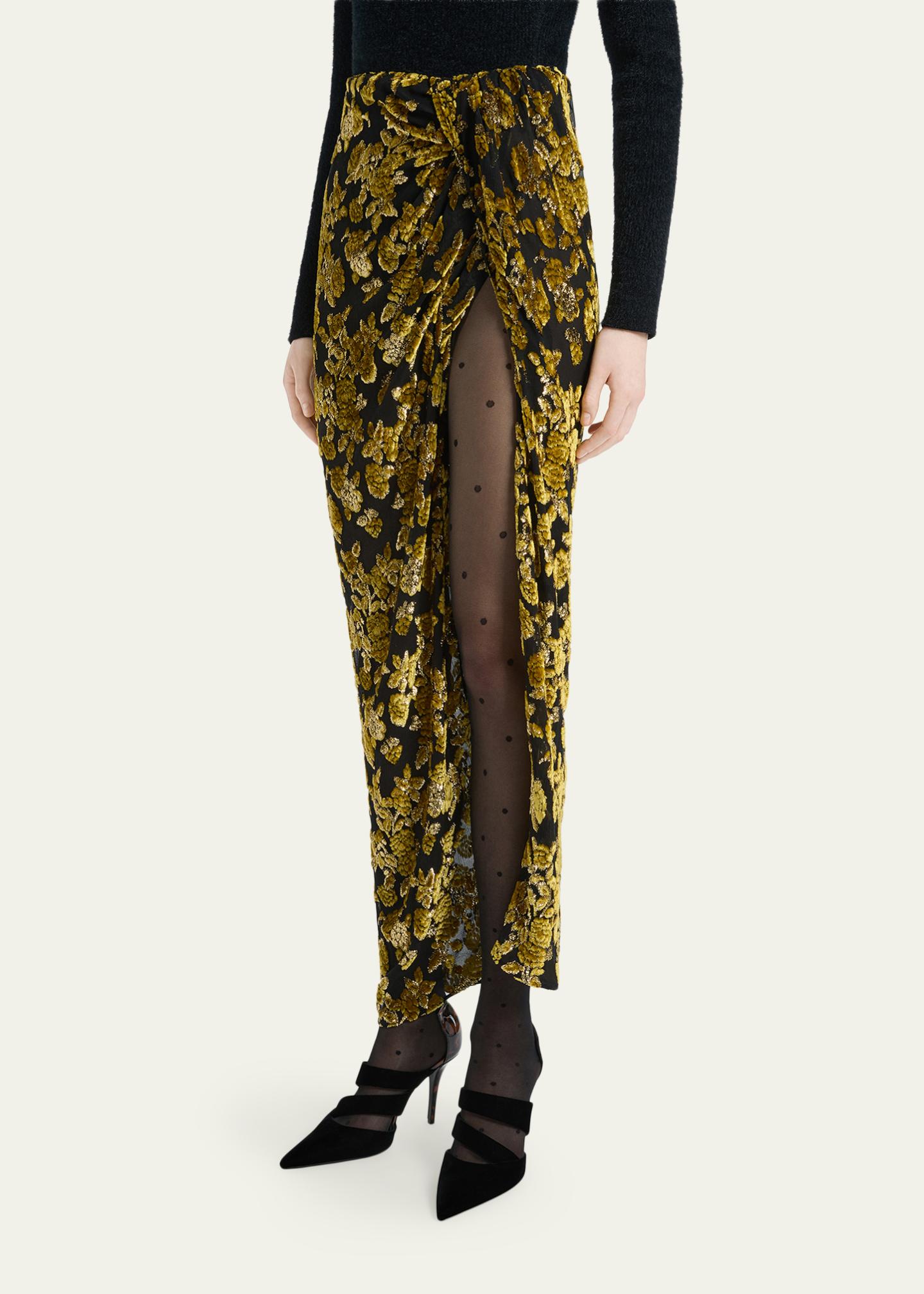 Balmain Floral Velvet Jacquard Draped Slit Maxi Skirt - Bergdorf