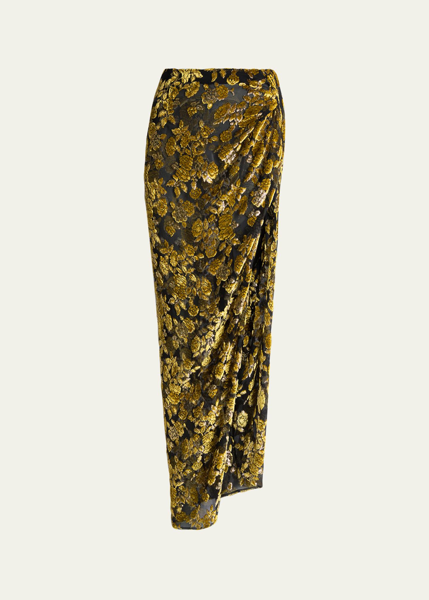 Balmain Floral Velvet Jacquard Draped Slit Maxi Skirt - Bergdorf