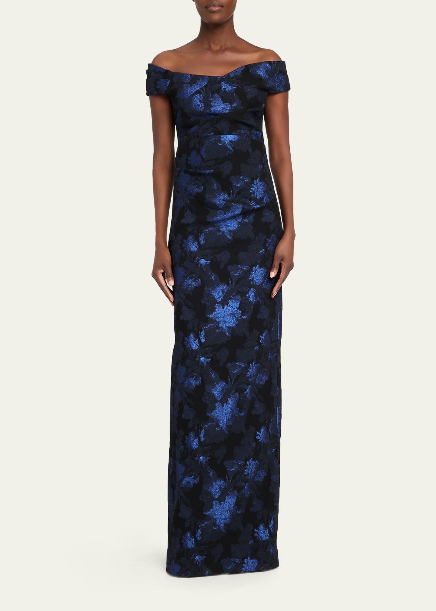 Rickie Freeman for Teri Jon Off-Shoulder Metallic Jacquard Column Gown ...
