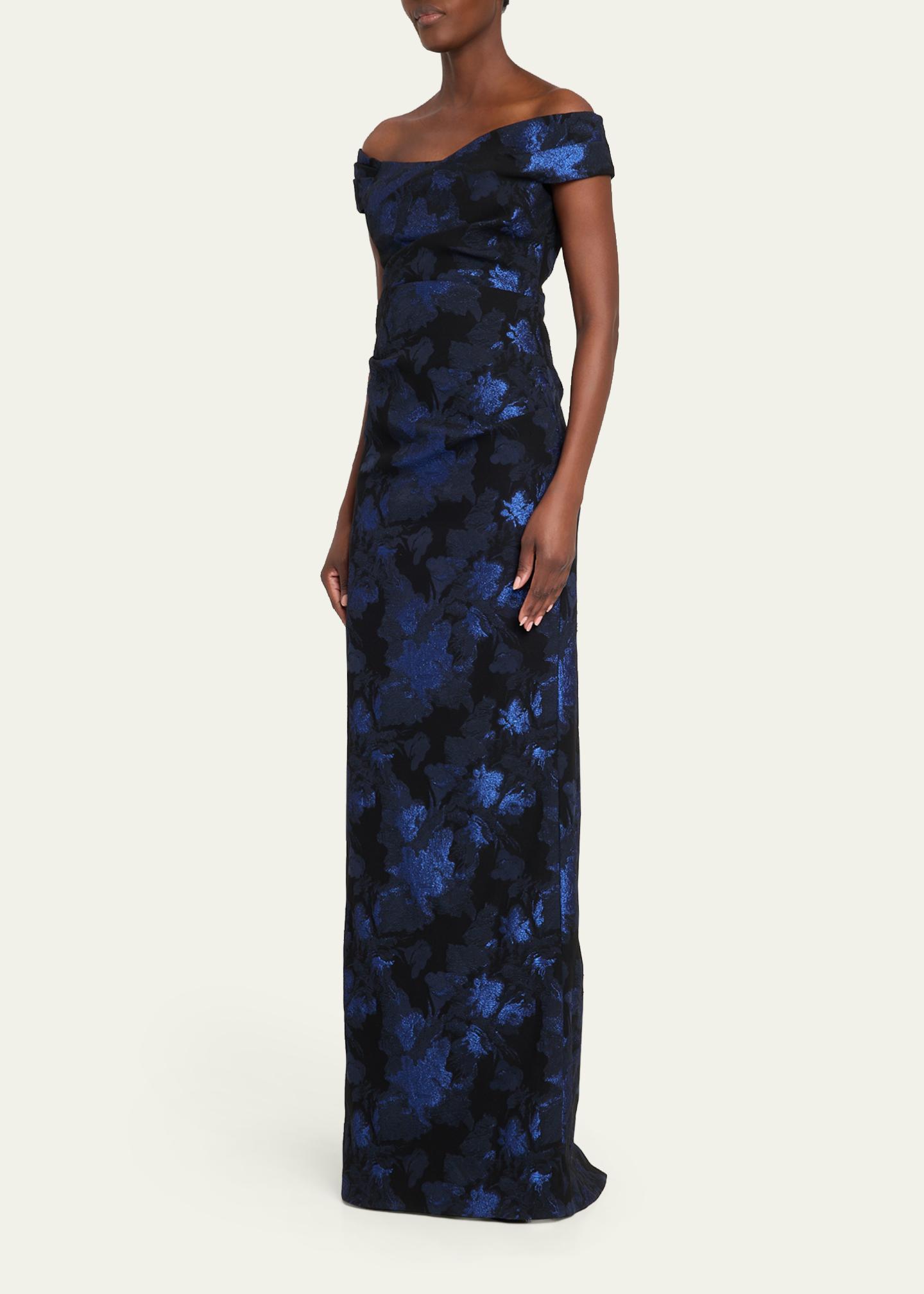 Rickie Freeman for Teri Jon Off-Shoulder Metallic Jacquard Column Gown ...